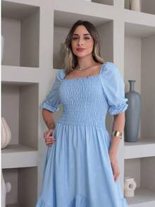 Vitoria Vestido midi de ponta elegante liso crepinho  Manga Curta - Azul bebê - Visão 6