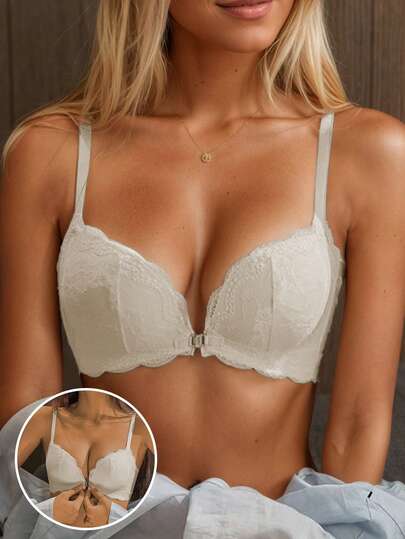 Women's Champagne Front Closure Bra, Sexy Lace Racerback Lift And Support Wireless Bra, Suitable For Petite Figures