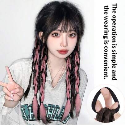 2条编织马尾辫，高温编织合成长卷发马尾辫发饰（带橡皮筋），自然逼真马尾假发头顶，适合女性和女孩日常发型装饰。