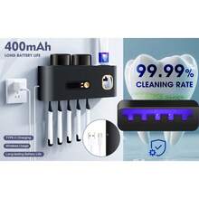 Smart Toothbrush Sterilizer (1 Unit) - USB Charging + Clock - 5-Slot Storage Brush Holder - Includes 2 Cups + Automatic Toothpaste Dispenser - Modern Bathroom Plastic Storage Rack For Dental Hygiene Essentials - White (applies to Smooth Walls Only) - View 6