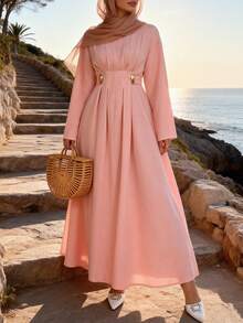 Women Summer Vacation Outfits Women Dress, Linen-Like Fabric Long Dress For Holiday,Maija Dress - Pink - View 1