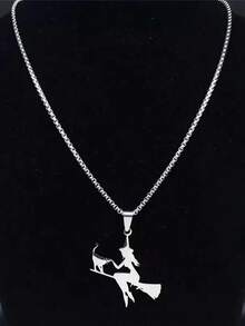 男士哥特朋克风女巫猫扫帚不锈钢吊坠项链 - 銀色 - 查看 2