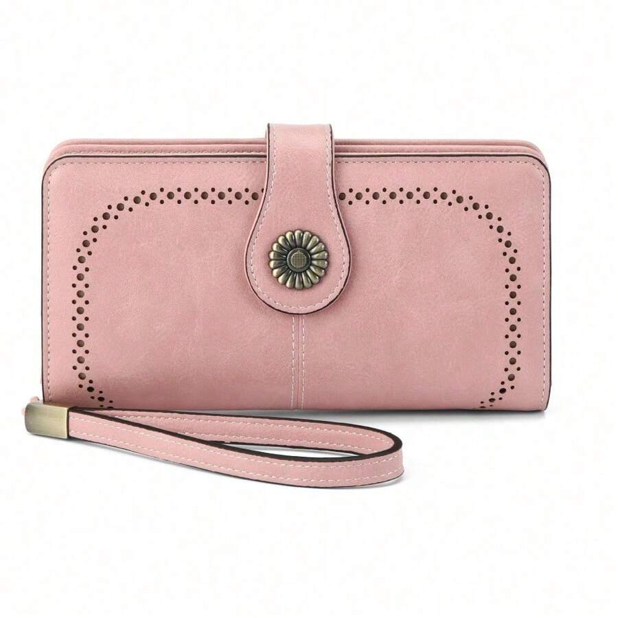 Gränsöverskridande explosiv antimagnetisk plånbok för kvinnor, europeisk och amerikansk retro, oljevaxat läder, ihålig plånbok, plånbok med stor kapacitet, kuvertväska - Dammrosa - Visa 1