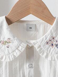 女童刺绣荷叶边领纽扣短袖衬衫，学院风夏季款 - 白色 - 查看 4