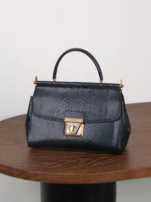2026新款奢华女士手提包，多功能蛇纹质感托特包，配以精致锁扣设计，时尚单肩/斜挎包，带双面内袋 - 黑色 - 查看 10