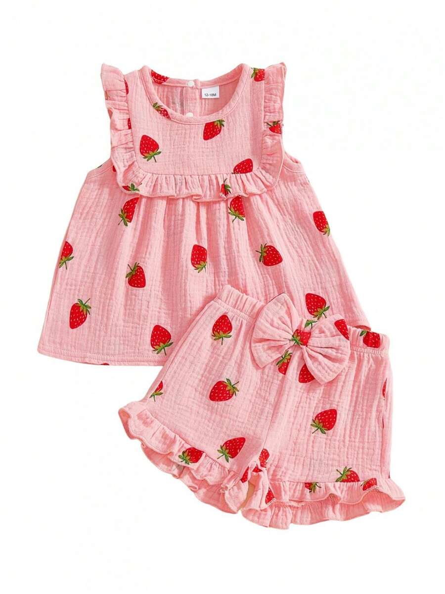 Baby Kids Girls Shorts Set, Strawberry/Cherry Sleeveless Crew Neck Tank Top And Shorts Summer 2-Piece Outfit - Đỏ - Xem 1