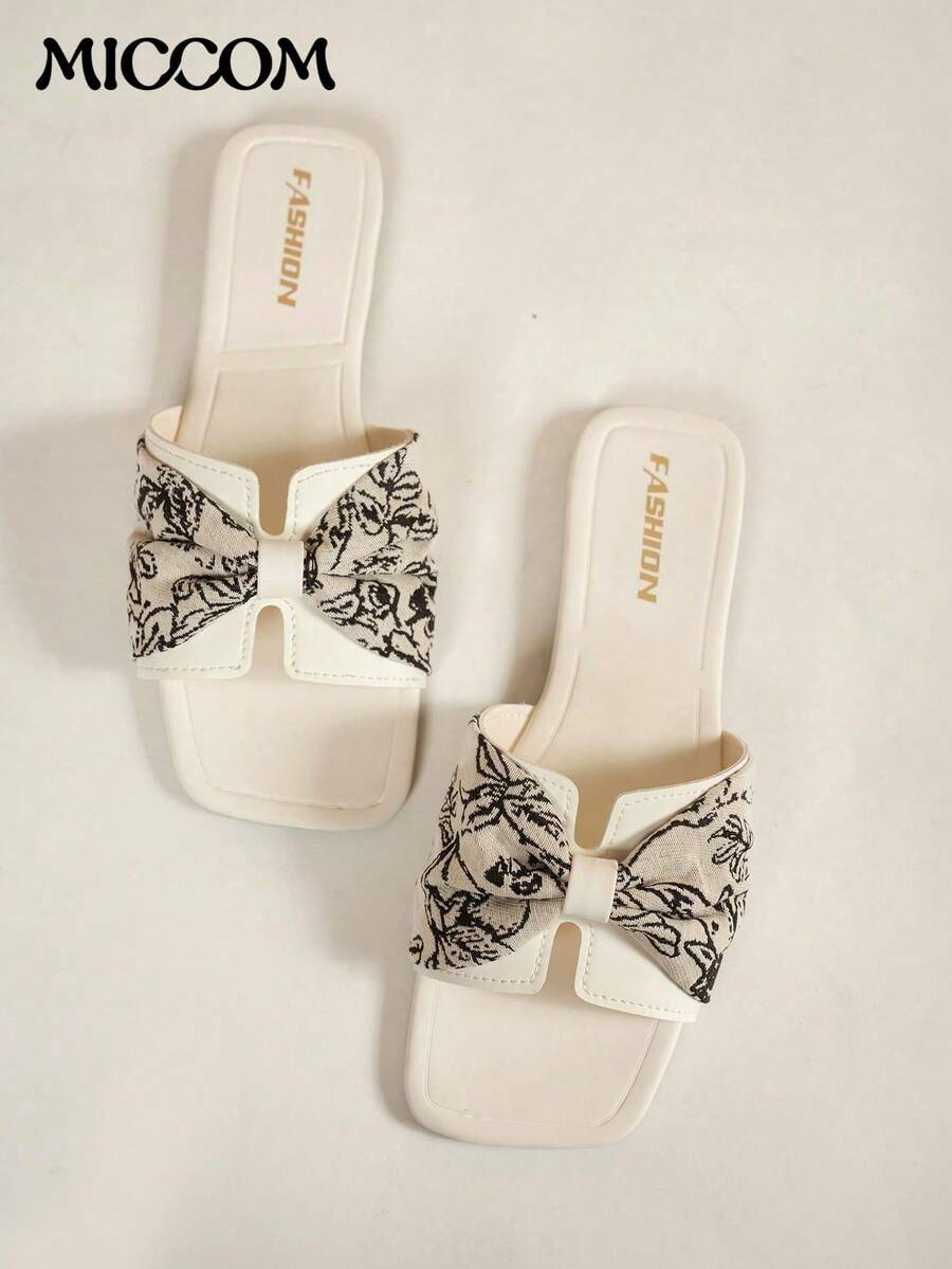 2025 New Summer Women Flat Sandals, Square Toe, Rhinestone Embellished, Fashion Versatile Ladies Slippers - Beige - View 1