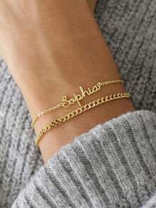 1PC Custom Name Bracelet, Delicate Bracelet, Sterling Silver Bracelet, Gold Bracelet, Name Bracelet, Women's Bracelet, Stainless Steel Bracelet, Simple Bracelet, Custom Gift, Valentine's Day, Ramadan, Mother's Day Gift, Personalized Gift For Her - Multicolor - View 3