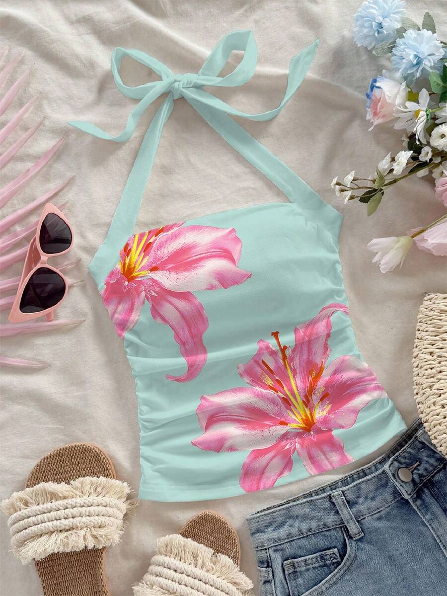 女士系带吊带背心，花卉印花百合结露背荷叶边沙滩度假休闲款 - 薄荷綠 - 查看 1