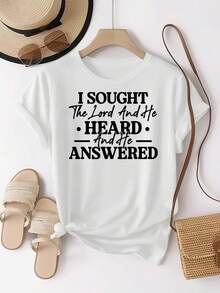 Printed With The Text Design "I SOUGHT The Lord And He HEARD And He ANSWERED."A Casual Daily Round-Neck Short-Sleeve Fashion Sports T-Shirt For Women, Featuring A  Pattern Print And Comfortable Top  Women's Short Sleeve T-Shirt,Women's St. Patrick's Day Green Shamrock Print Oversized T-Shirt,Valentine's Gift Casual Tee - 白色 - 查看 7