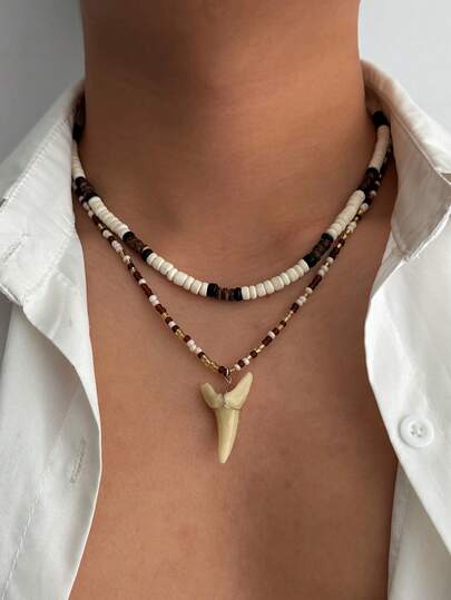 2件套嘻哈复古不规则几何塑料牙齿吊坠，椰壳米珠项链套装，哥特摇滚设计，街头风格，休闲简约，适合假日、派对、日常佩戴，男士时尚项链礼物