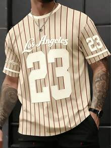 KOVSEE 男士条纹棒球23号洛杉矶队印花短袖T恤，户外运动休闲日常跑步篮球足球透气速干T恤，健身锻炼T恤，夏季送给男友的节日礼物 - 卡其色 - 查看 1