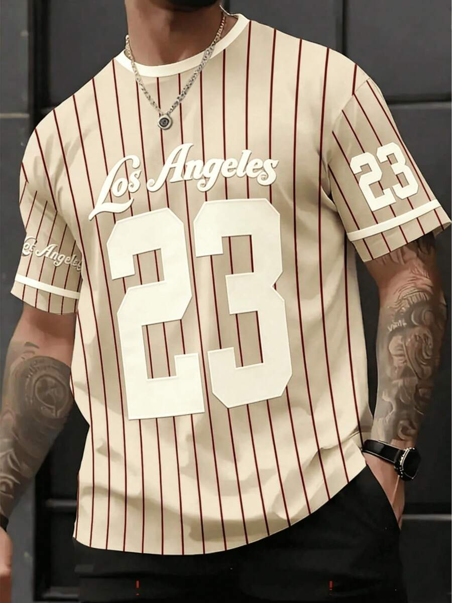 KOVSEE 男士条纹棒球23号洛杉矶队印花短袖T恤，户外运动休闲日常跑步篮球足球透气速干T恤，健身锻炼T恤，夏季送给男友的节日礼物 - 卡其色 - 查看 1
