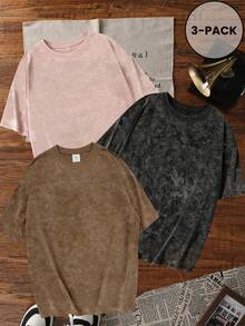 3pcs/Set Summer New Casual Tie-Dye Round Neck Short Sleeve T-Shirt, Fashionable & Versatile Women Tops - Black and Pink and Brown - View 2