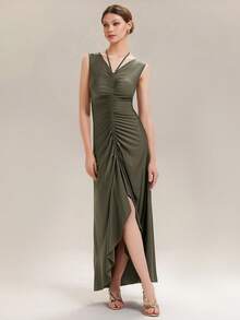 Elegant Ruched Halter Bridesmaid Dress With High Stretch Fabric Short Sleeves - Olive Green - View 3