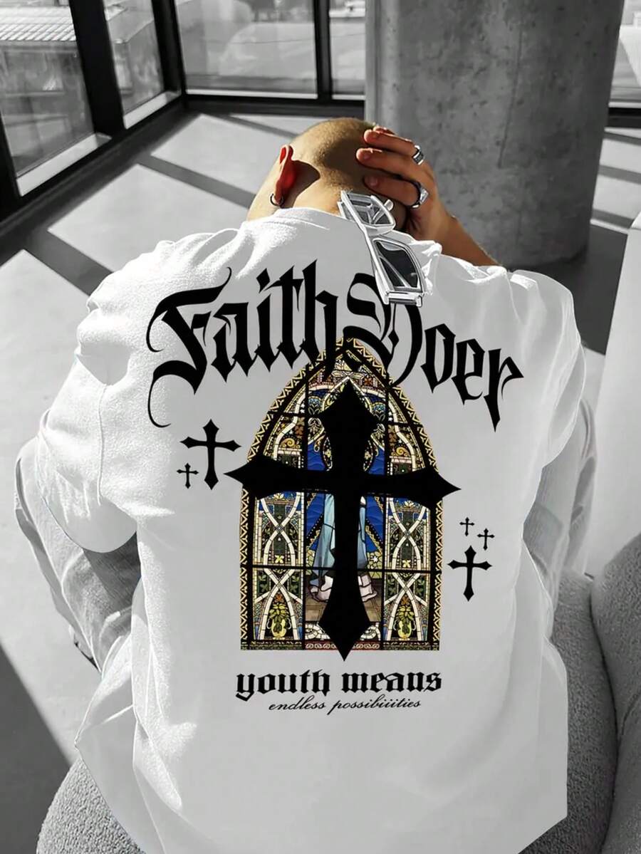 Men's Premium Cotton T-Shirt, Adult Plus Size, Kids Streetwear, Oversized Print, Faithful Cross, Church, Stained Glass, Swag, Casual Style - trắng - Xem 1