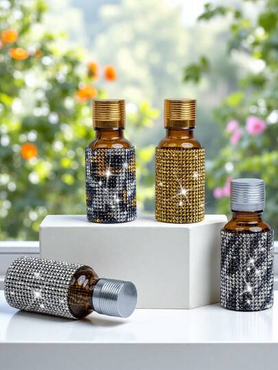 1瓶20毫升奢华镶钻棕色玻璃精油瓶 - 圆形塑料盖，无香型玻璃材质，防漏可重复灌装，适用于香水、乳液、精华液、护肤品、便携式洗漱用品、化妆品收纳、女性日常护理、生日礼物及梳妆台装饰