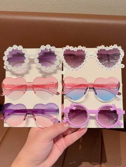 6Pcs 2026 Newest Girls Cute Beautiful Classic Double Colors Bowknot Heart Fashion Glasses Children Baby Fashion Glasses Kids Eyewear Great Gift For Kids Girls