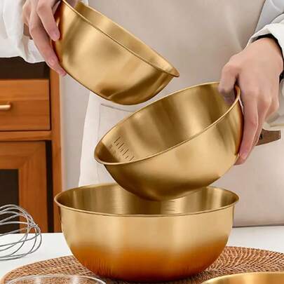 3个/1个金色不锈钢搅拌碗，带刻度，适用于沙拉、水果、意面等，经久耐用且易于清洁，节日主题，适合户外使用，拉丝金属表面，圆形尺寸分别为6.69英寸、7.48英寸和8.66英寸。