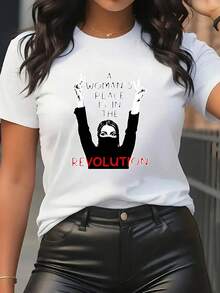 Camiseta Gráfica 'El Lugar De Una Mujer Es En La Revolución' Para Mujer - Suave, Elástica, Deportiva, Con Diseño Negro Y Blanco, Cómoda Para Ropa Casual, Camiseta De Uso Diario | Ropa Feminista | Camisa De Tejido Suave - [Blanco] - Ver 1