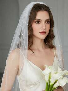 1pc Pearl Bridal Veil, Classic Minimalist Wedding Dress Accessory, Waist Length - Multicolor - View 2