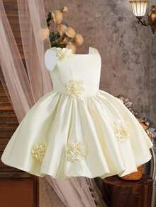 Young Girls' Solid Color Square Neck 3D Floral Satin Elegant Tulle Princess Dress, Suitable For School Party, Birthday, Wedding, No Headband Included - 香檳色 - 查看 7