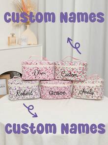 Custom Flower Makeup Bag, Personalized Bridesmaid Makeup Bag, Seersucker Cosmetic Bag For Girl, Large Capacity Cosmetic Bag, Bridesmaid Bridal Gifts, Makeup Organizer, Monogrammed Toiletry Bag, Embroidered Make Up Bag - Multicolor - View 1