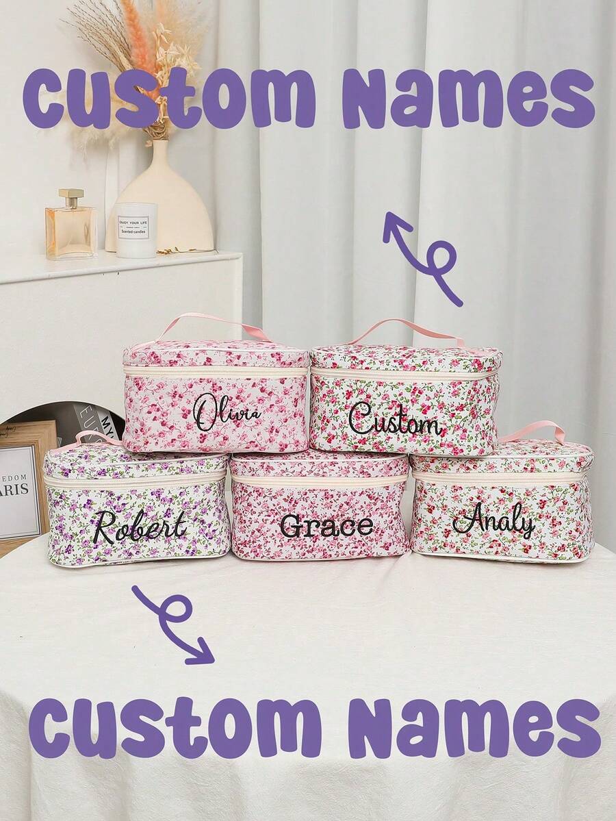 Custom Flower Makeup Bag, Personalized Bridesmaid Makeup Bag, Seersucker Cosmetic Bag For Girl, Large Capacity Cosmetic Bag, Bridesmaid Bridal Gifts, Makeup Organizer, Monogrammed Toiletry Bag, Embroidered Make Up Bag - Multicolor - View 1