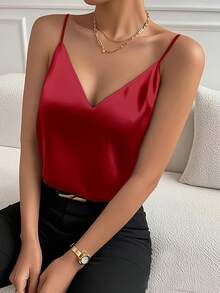 Top de tirantes de unicolor, de estilo minimalista y casual para mujer en verano - Rojo - Ver 4