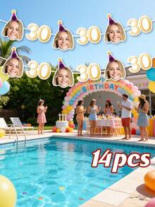 7/14/21pcs Customized Photo Text 30th Birthday Face Banner Decor Personalized Repeated Face Age Number Banner Birthday Party Decoration Backdrop - Multicolor - View 12