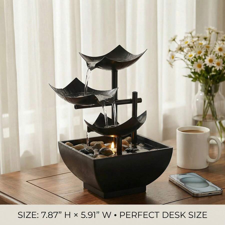 LUMIARTISAN USB Desktop Waterfall Fountain With LED Lights - 3-Tier Indoor Water Fountain With Natural River Rocks,Or For Home Office Bedroom Meditation.Table Décor,Living Room Deccor ,Home Deccor. - màu đen - Xem 1