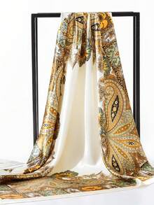 1pc Bohemian Style Paisley Print Satin Scarf, Elegant Headscarf Shawl For Daily Casual Wear, Sun Protection - Milky White - View 2