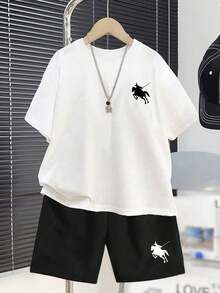 1 Set Short Sleeve Round Neck T-Shirt And Shorts With Horse Rider Print, Suitable For Teenage Boys, Ideal For Vacation, Streetwear And School Uniform - White - View 1