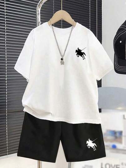 1 Set Short Sleeve Round Neck T-Shirt And Shorts With Horse Rider Print, Suitable For Teenage Boys, Ideal For Vacation, Streetwear And School Uniform