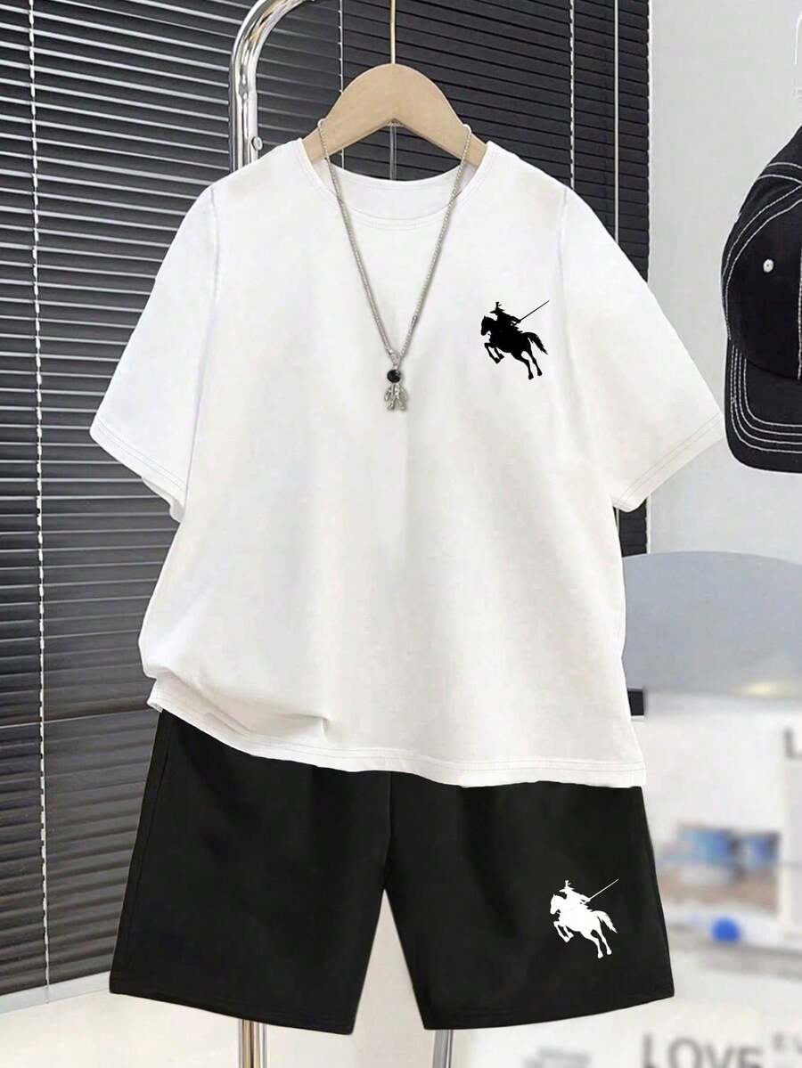 1 Set Short Sleeve Round Neck T-Shirt And Shorts With Horse Rider Print, Suitable For Teenage Boys, Ideal For Vacation, Streetwear And School Uniform - White - View 1