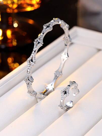 1 Set Bamboo Knot Textured Open Bangle & Ring Jewelry Set, Suitable For Daily Wear