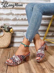 LangMoon 2026 Geometric Pattern Chunky Heel Sandals, Retro Printed Upper + Stabilizing Thick Heel, High-Appearing Yet Comfortable, Non-Slip Outsole, Personalized-Catching Suitable For Commuting, Vacation, Dating, Versatile Spring/Summer Footwear - Blue Bohemian - Horizontal Stripes - View 4
