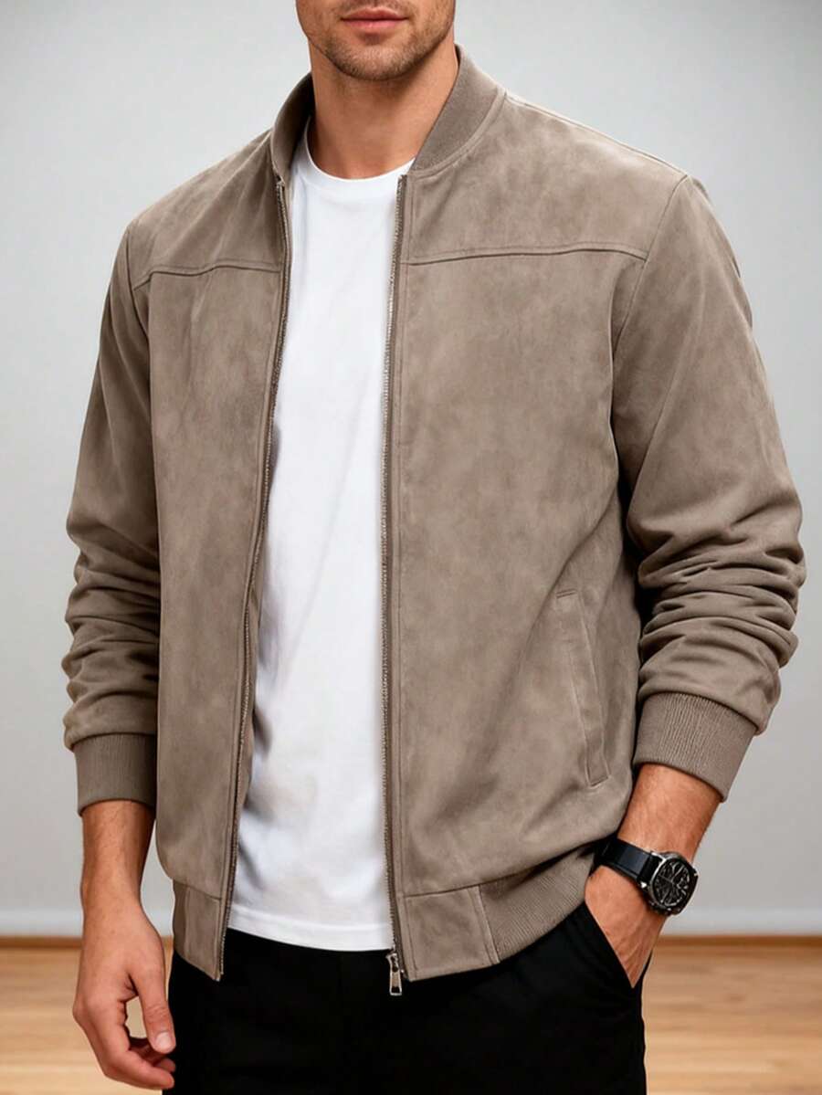 Men's Faux Suede Fleece Casual Jacket, Suitable For Outdoor Wear, Zipper Design, Suitable For Spring And Autumn, Autumn Jacket, Gift For Men - Camel - View 1