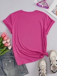 Women's Casual Short-Sleeved, Round-Neck T-Shirt, Leopard Print Heart-Patterned Casual Rose-Red Top, Summer Top - Hot Pink - View 2