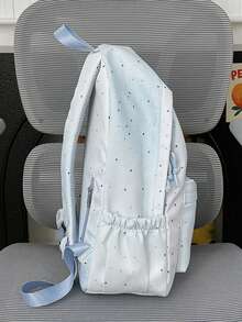 1pc Light Blue Star Print Canvas Multi-Compartment Backpack, Zipper Closure, Suitable For Students Everyday Use, All Seasons - Blue - View 4