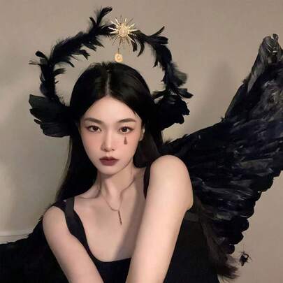 1件装深色头箍，太阳处女光环皇冠头箍，黑白天使精灵头饰，舞台表演和摄影服装道具