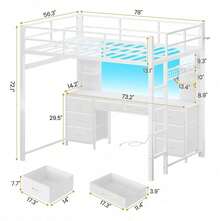 Cama alta full, Cama alta full con escritorio y luces LED, Estación de carga y estantes de almacenamiento, Base de cama de metal resistente con protección y escalera, No necesita somier, ahorra espacio - Blanco - Ver 2