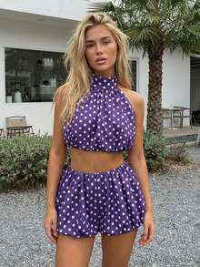 Women Two Piece Outfits Backless Mock Haler Cami Top Bubble Mini Skirt Summer Set Going Out Y2k Party Streetwear - 紫色 - 查看 2