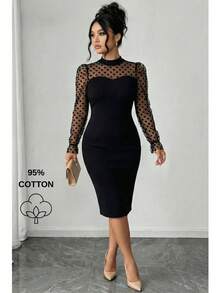 Mesh Splice Stand Collar Fitted Elegant Long Sleeve Dress - Black - View 3