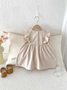 Baby Girls' Minimalist Sweet Embroidered Floral Sleeveless Dress, Spring/Summer - Apricot - View 3