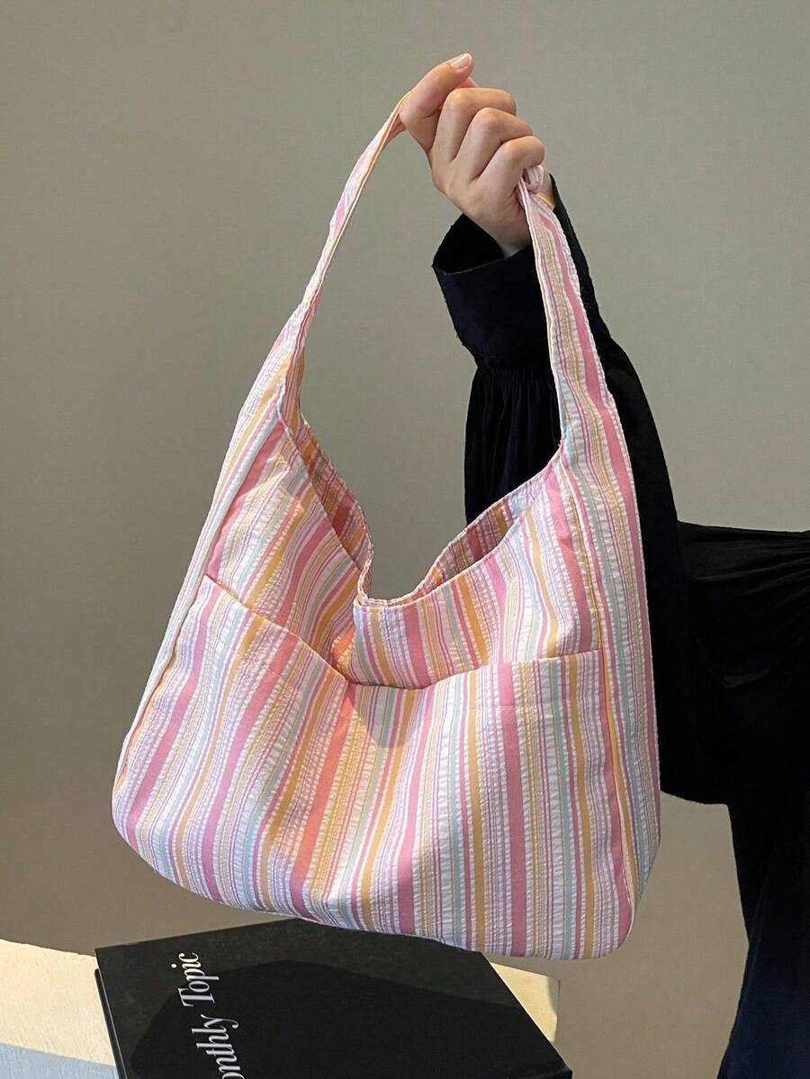 Large Capacity Women Cloth Tote Bag, Shoulder Bag, Casual Stripe Fabric Handbag - Nhiều màu - Xem 1