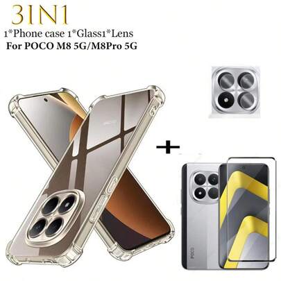 3IN1 NEW For POCO M8/M8Pro Case Transparent And Impact-Resistant Mobile Phone Case+9H Hardness Tempered Glass Screen Protector For POCO M8/M8Pro Anti Scratch Crack Resistant Bubble Free For Gaming +Lens Film 3 Packs Value Set Easy Install Kit Screen Protection Essentials, Applicable To Daily Shield, Office, Home Daily Shield Office Home Phone Screen Protector Phone Accessories Waterproof Shockproof Anti-Fall Scratch Resistant