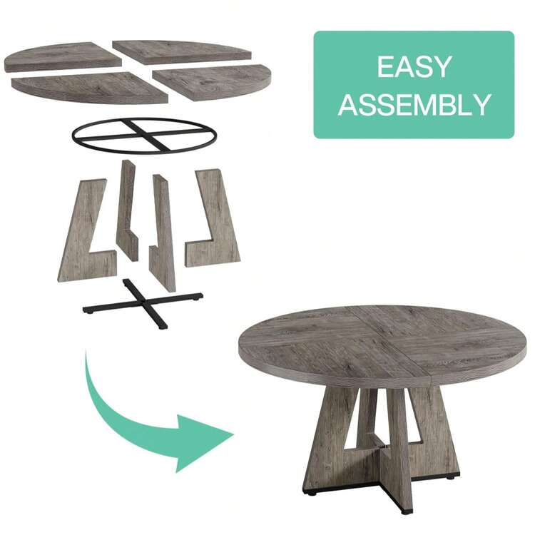LITTLE TREE Farmhouse Dining Table, 120 Cm Round Dinner Table For 4, Rustic Wood Dining Room Table For Home Dining Room Living Room (Easy Assembly) - Grey - View 7