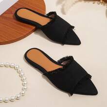 Elegant Black Sandals For Women, Raw Trim Slide Sandals,Spring Summer Outfits - Black - View 9