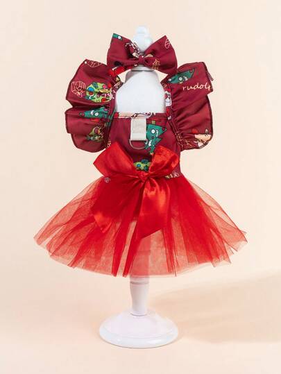 1 Set Mesh Wedding Dress Bow Decor Pet Costume, Cute Fashion Printed Dress + Bow Tie Pet Apparel, Wedding Gown Style Elastic Tulle Skirt Princess Pet Dress For Dogs & Cats